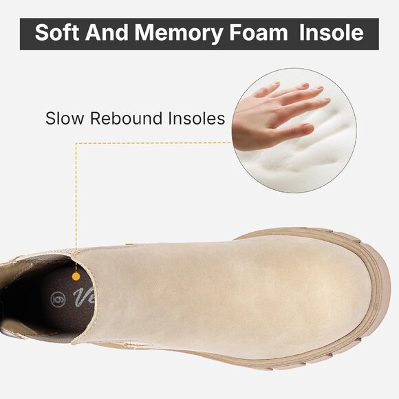 Vepose Women's Beige Faux Chelsea Leather Lug Sole Elastic Slip on Ankle Booties - Picture 4 of 9